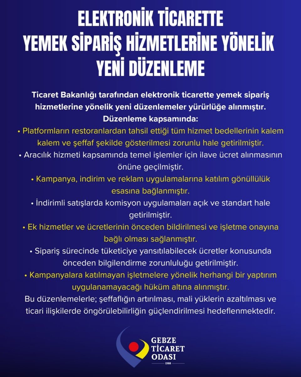 ELEKTRONİK TİCARETTE, YEMEK SİPARİŞ HİZMETLERİNE YÖNELİK YENİ DÜZENLEME